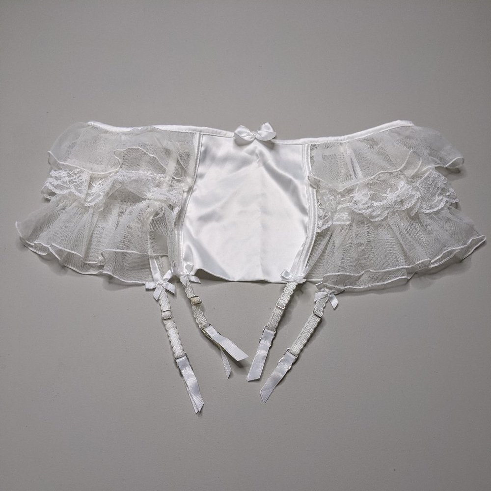 White Satin Lace Ruffle Garter Lingerie Sexy Wedding (XS) VS